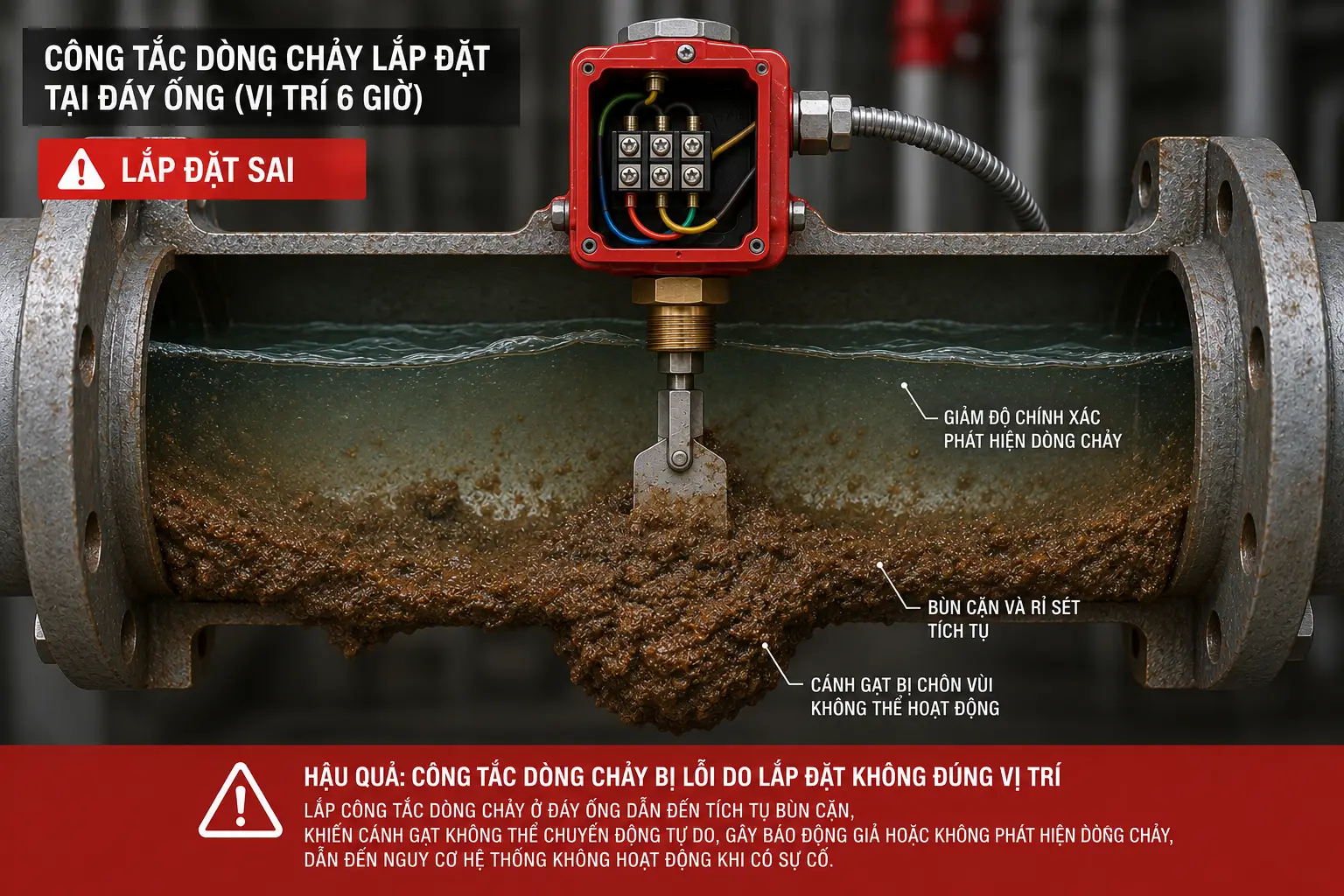 Vị trí lắp đặt công tắc dòng chảy sai lầm khiến hệ thống báo lỗi