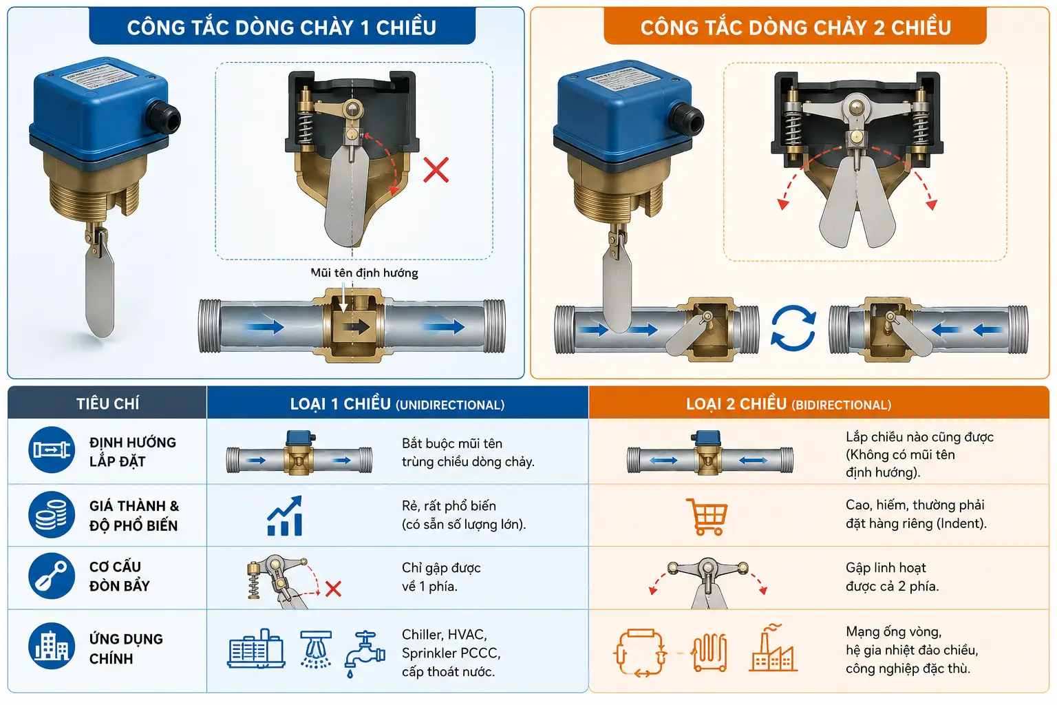 So sánh nhanh: Công tắc dòng chảy 1 chiều và 2 chiều